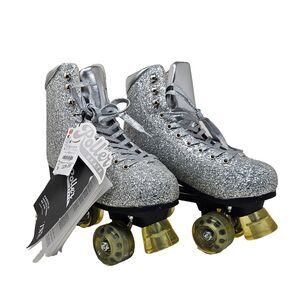 ZARA Rhinestone Roller Skates Limited Edition Four Wheels Sz 7.5 Silver Sparkle